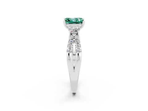 White gold Princess Cut Green Sapphire Three-Stone Ring with Pavé Split Shank and Four-Prong Setting_2