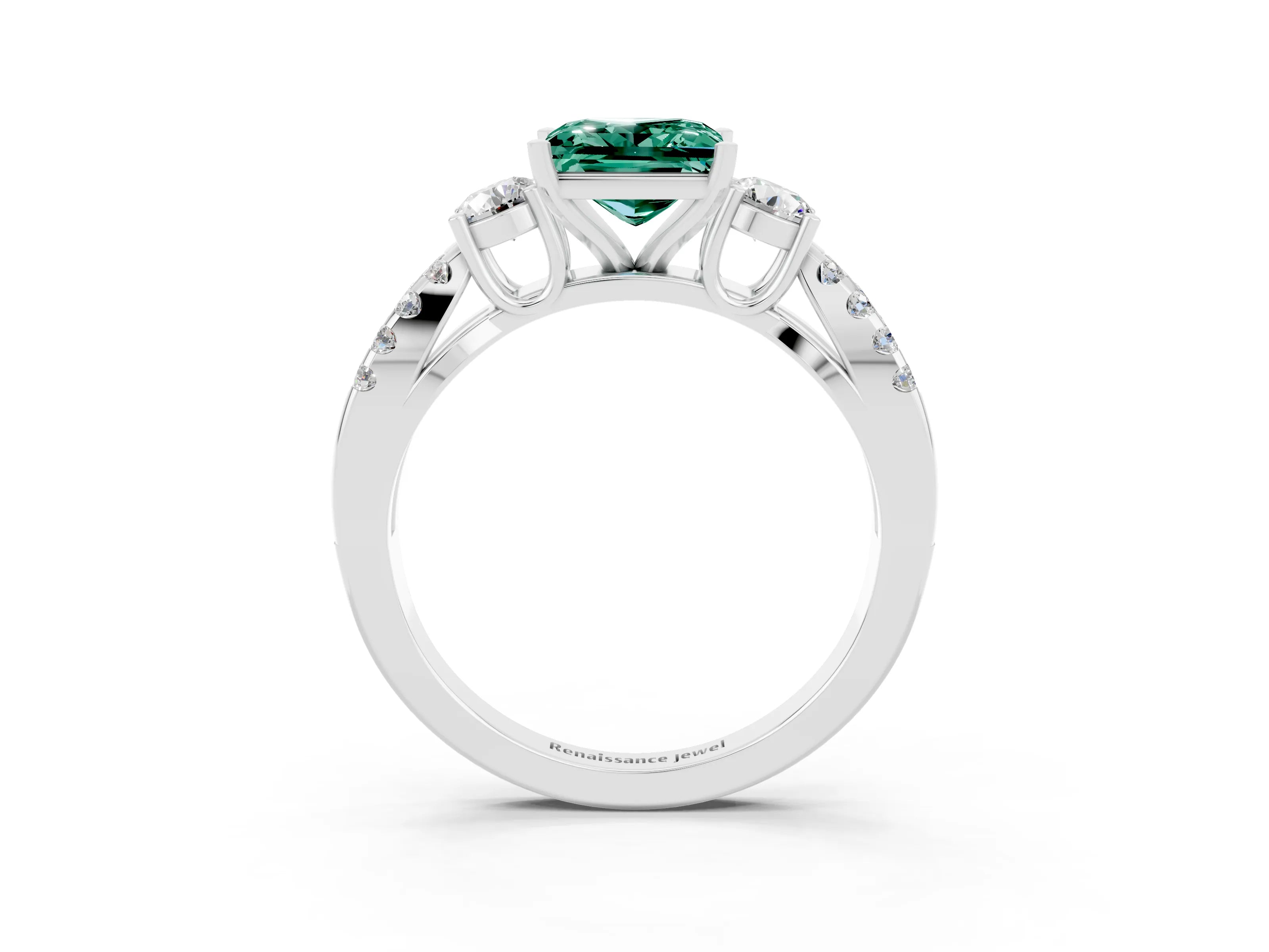 White gold Princess Cut Green Sapphire Three-Stone Ring with Pavé Split Shank and Four-Prong Setting_3