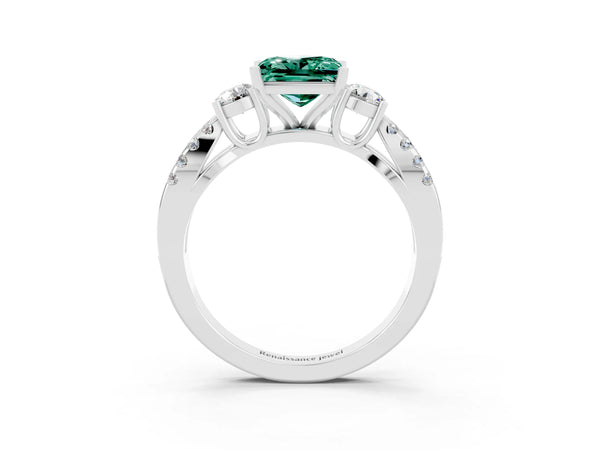 Silver Princess Cut Green Sapphire Three-Stone Ring with Pavé Split Shank and Four-Prong Setting
