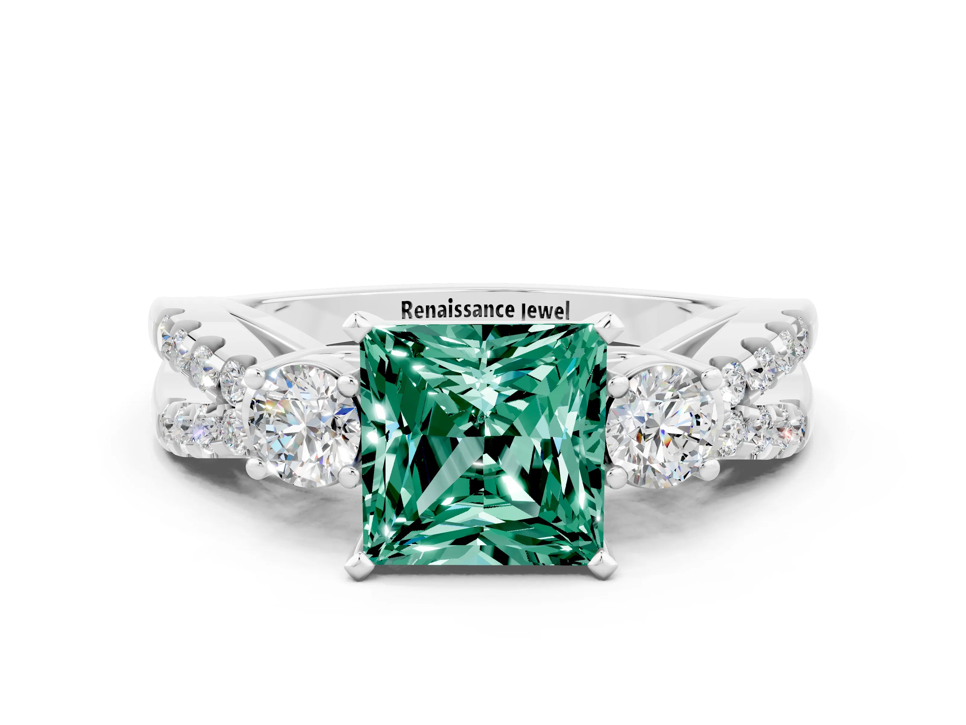 White gold Princess Cut Green Sapphire Three-Stone Ring with Pavé Split Shank and Four-Prong Setting