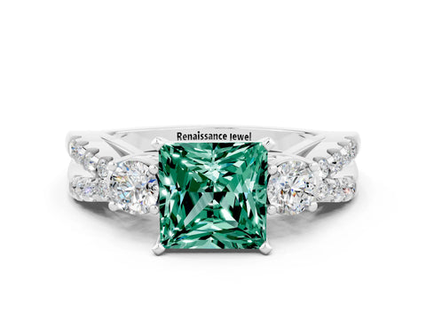 White gold Princess Cut Green Sapphire Three-Stone Ring with Pavé Split Shank and Four-Prong Setting