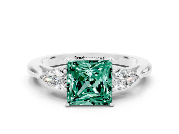 Platinum Princess Cut Green Sapphire Three-Stone Ring with Pear  Side Stones and Prong Setting