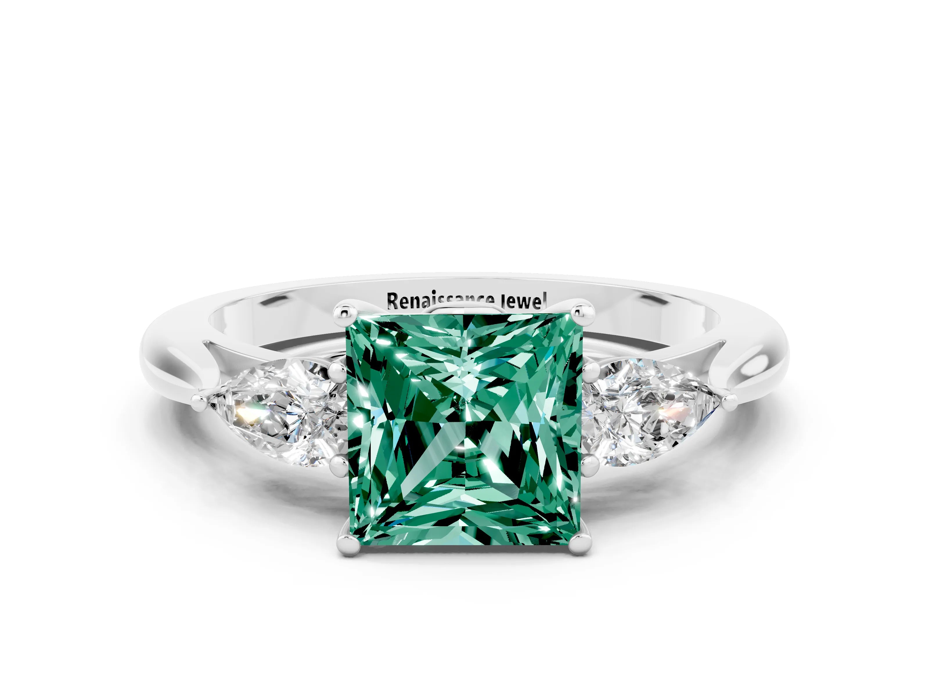 White gold Princess Cut Green Sapphire Three-Stone Ring with Pear Side Stones and Four-Prong Setting_12