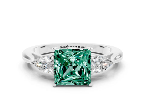 White gold Princess Cut Green Sapphire Three-Stone Ring with Pear Side Stones and Four-Prong Setting_12