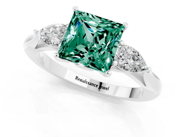 White gold Princess Cut Green Sapphire Three-Stone Ring with Pear  Side Stones and Prong Setting
