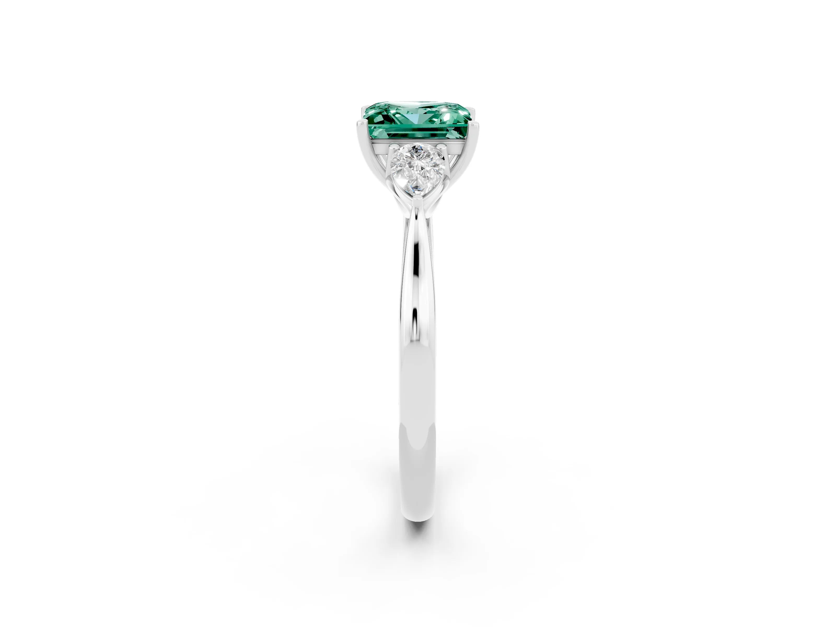 White gold Princess Cut Green Sapphire Three-Stone Ring with Pear Side Stones and Four-Prong Setting_14