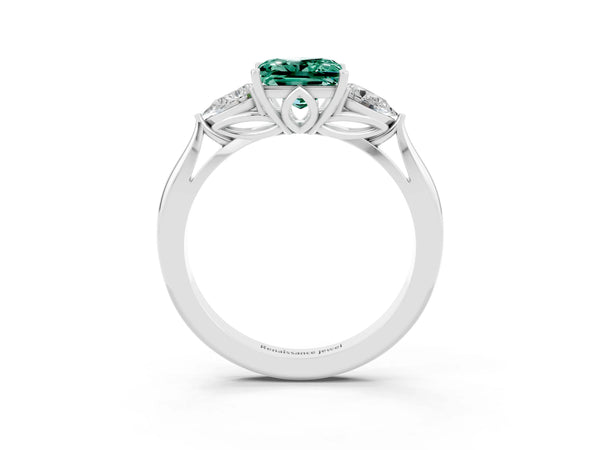 Platinum Princess Cut Green Sapphire Three-Stone Ring with Pear  Side Stones and Prong Setting