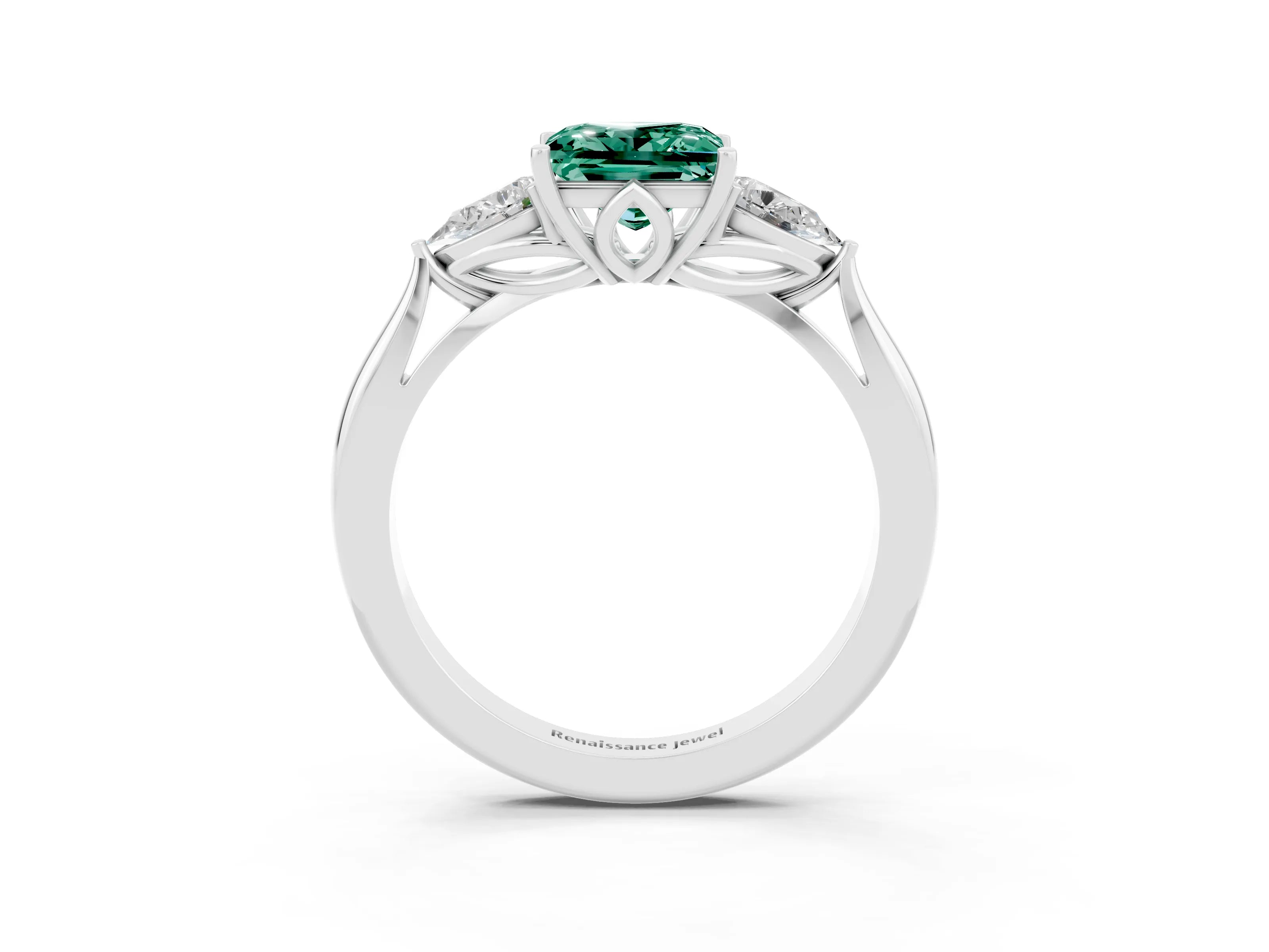 White gold Princess Cut Green Sapphire Three-Stone Ring with Pear Side Stones and Four-Prong Setting_15
