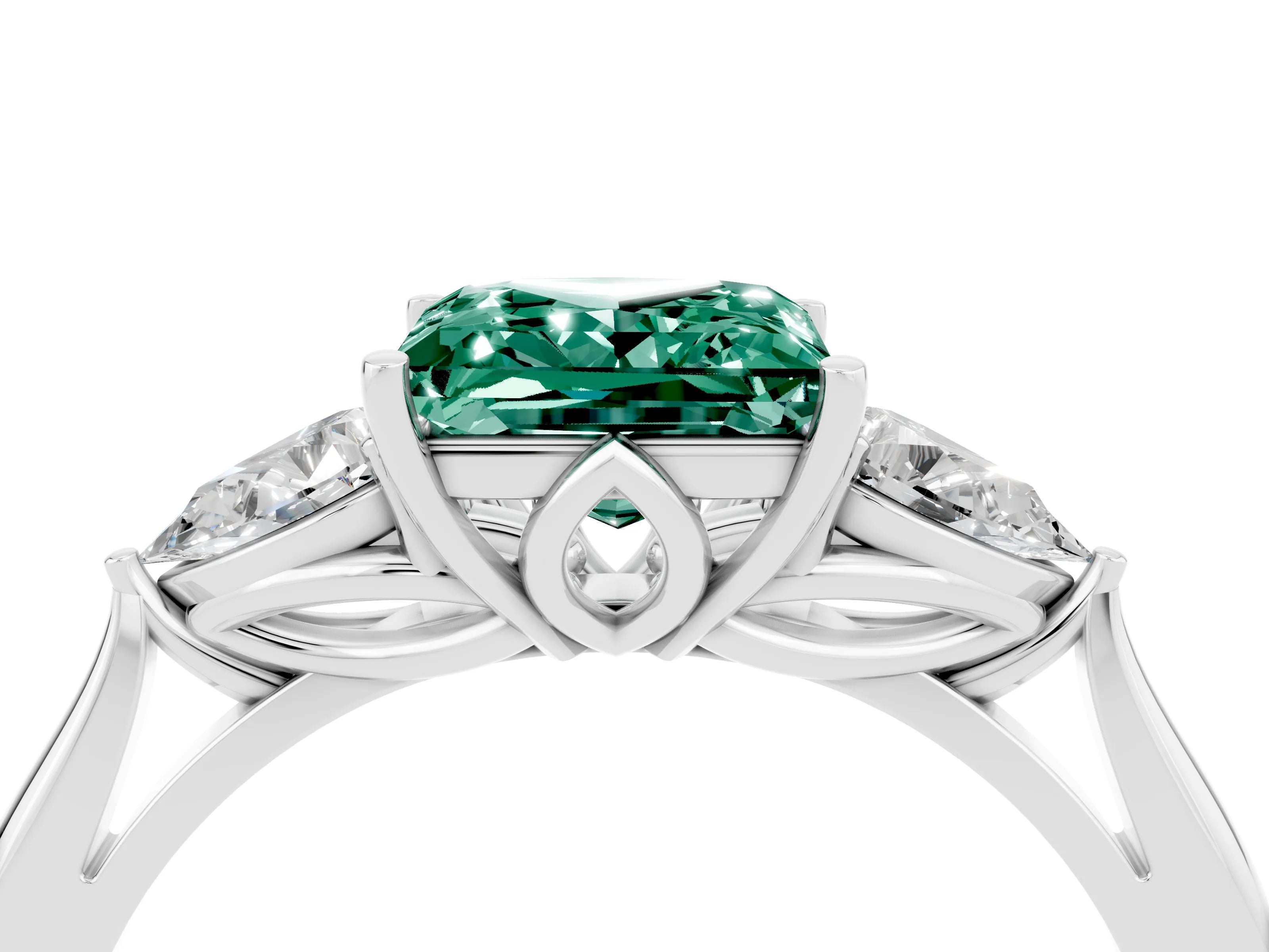 White gold Princess Cut Green Sapphire Three-Stone Ring with Pear Side Stones and Four-Prong Setting_16