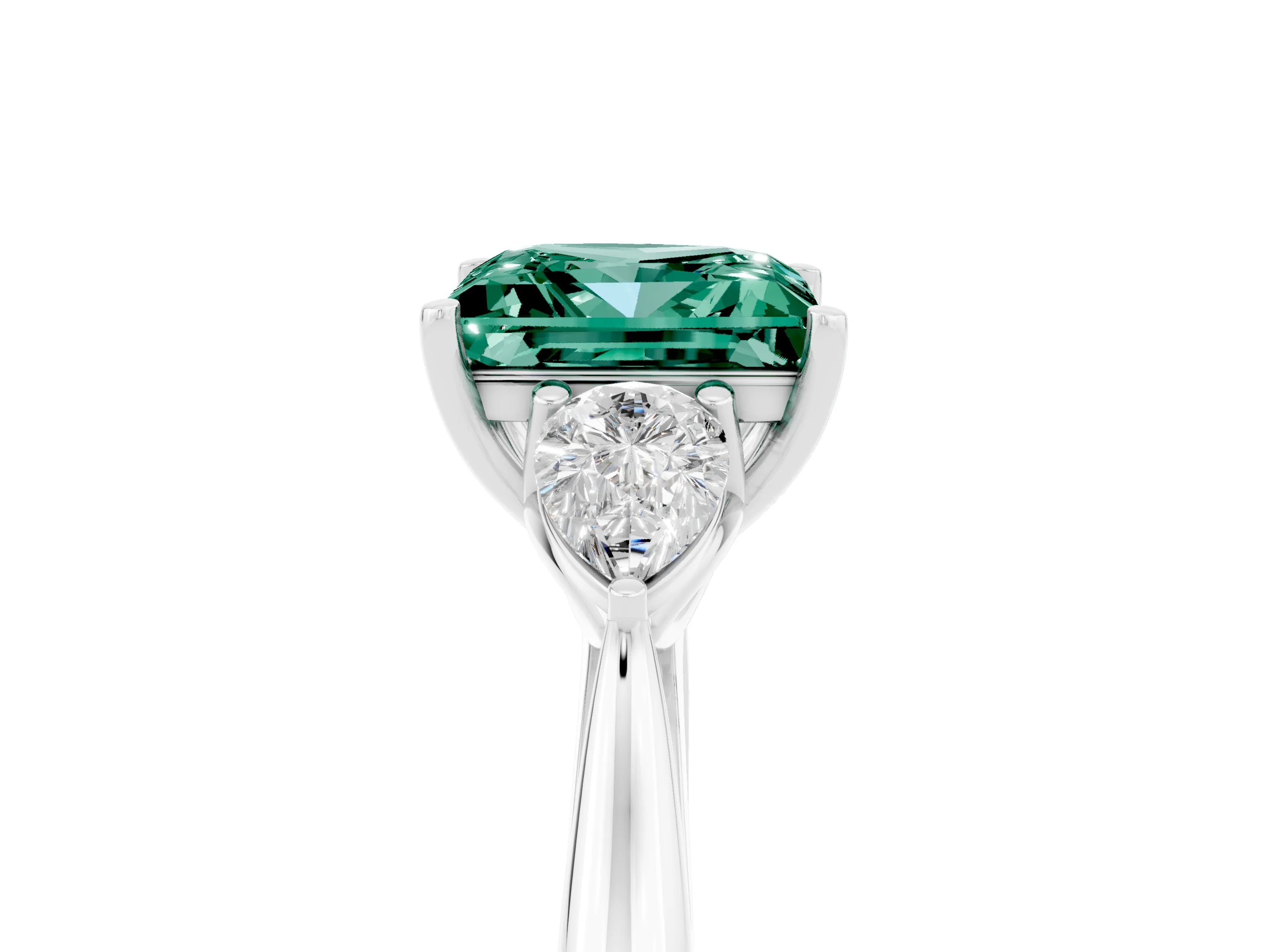 White gold Princess Cut Green Sapphire Three-Stone Ring with Pear Side Stones and Four-Prong Setting_17