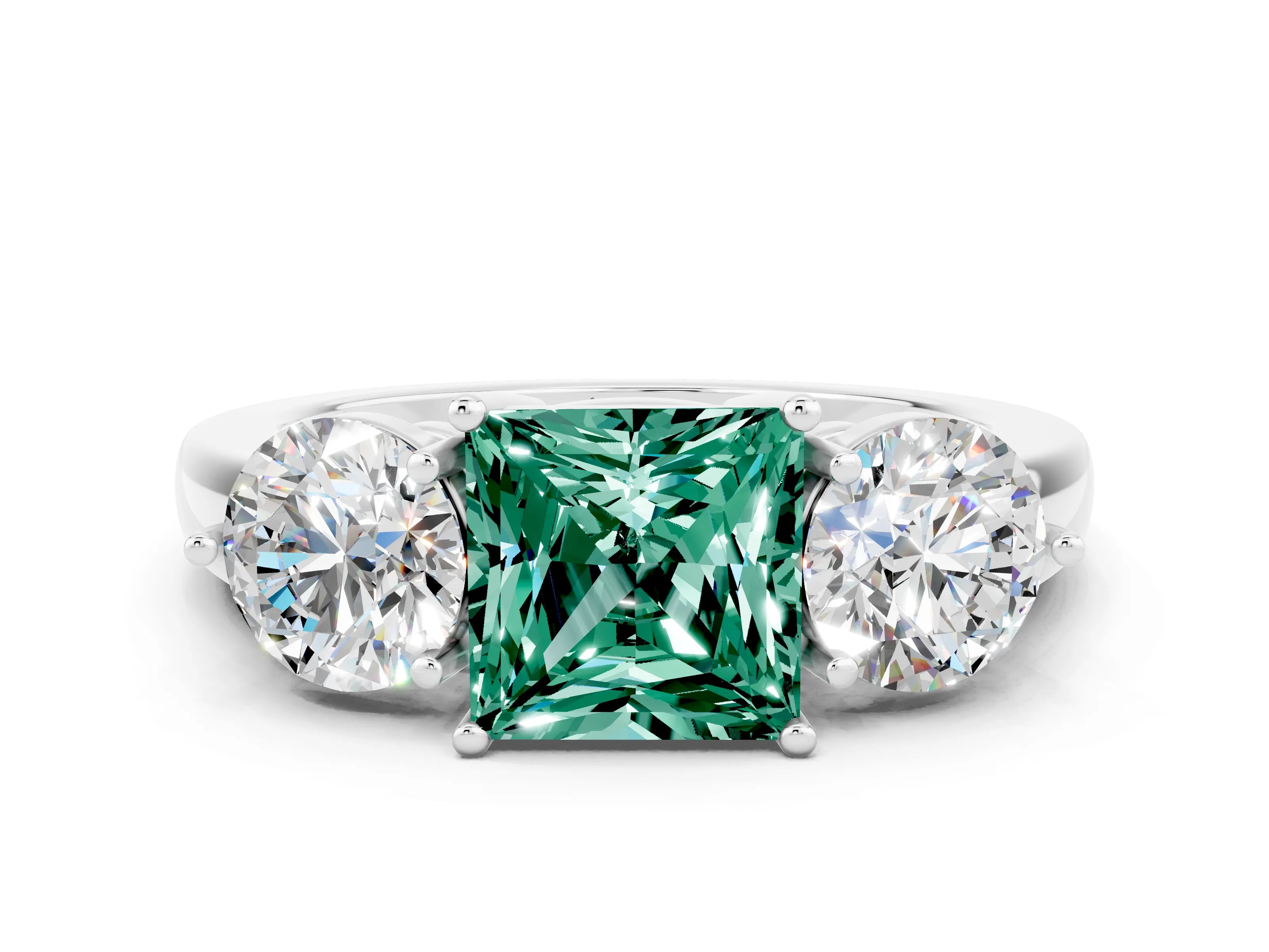 White gold Princess Cut Green Sapphire Three-Stone Ring with Prong Setting and Classic Band
