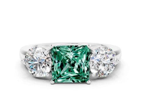 White gold Princess Cut Green Sapphire Three-Stone Ring with Prong Setting and Classic Band