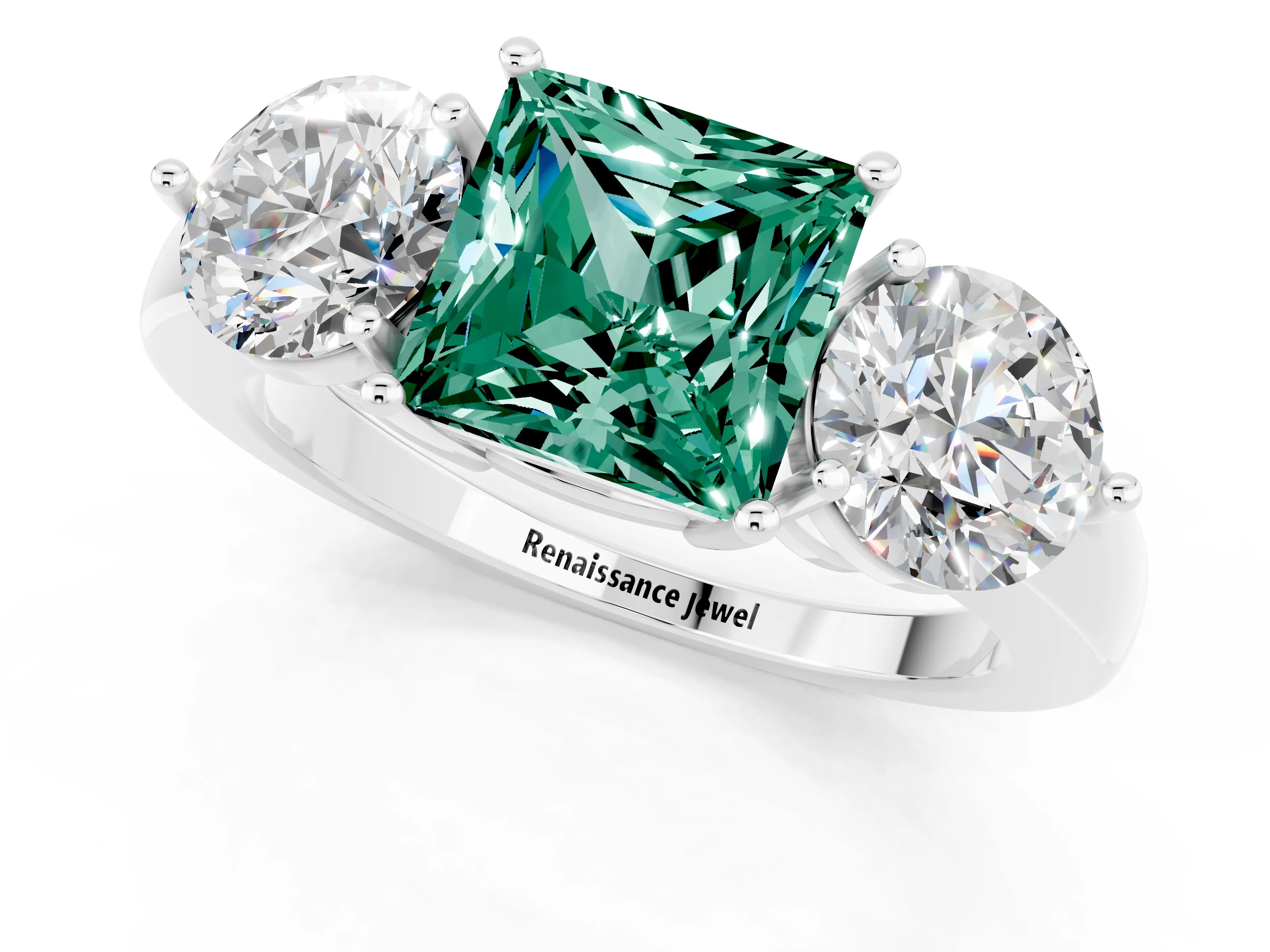 White gold Princess Cut Green Sapphire Three-Stone Ring with Prong Setting and Classic Band_1