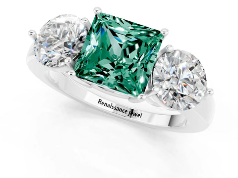 White gold Princess Cut Green Sapphire Three-Stone Ring with Prong Setting and Classic Band_1