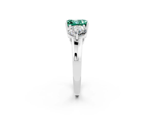 Platinum Princess Cut Green Sapphire Three-Stone Ring with Prong Setting and Classic Band