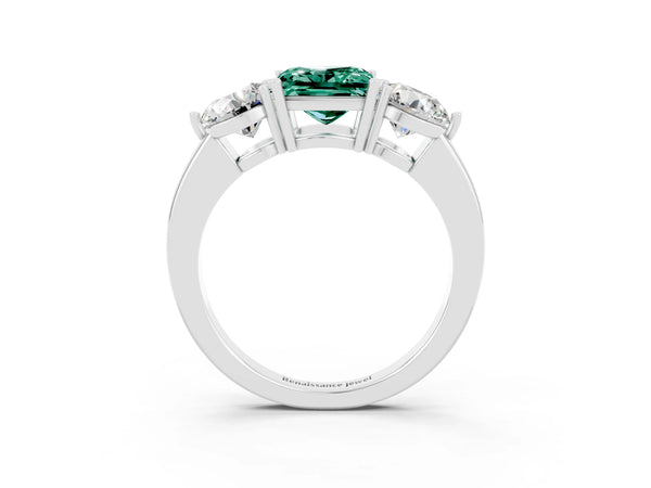 Platinum Princess Cut Green Sapphire Three-Stone Ring with Prong Setting and Classic Band