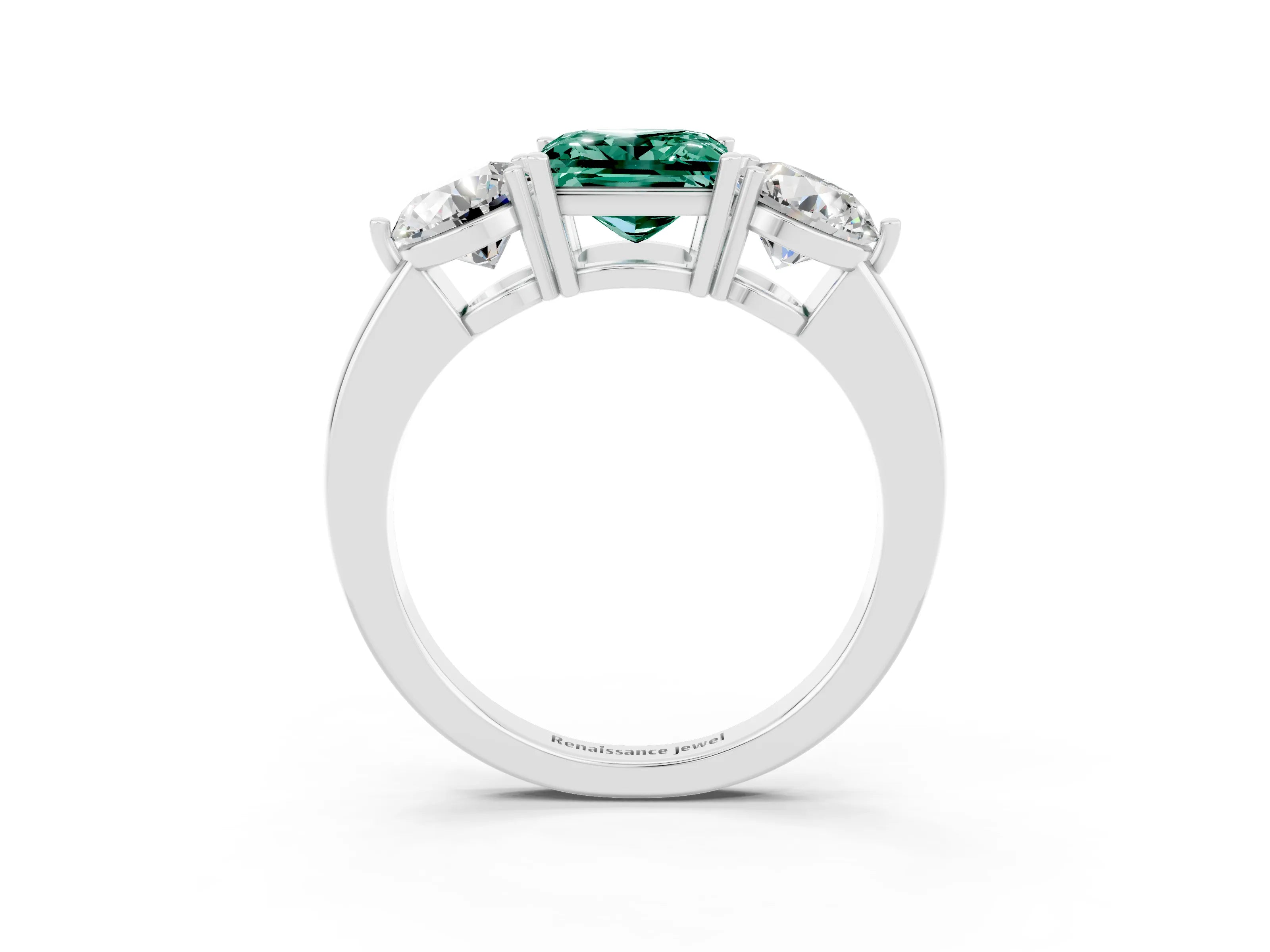 White gold Princess Cut Green Sapphire Three-Stone Ring with Prong Setting and Classic Band_3