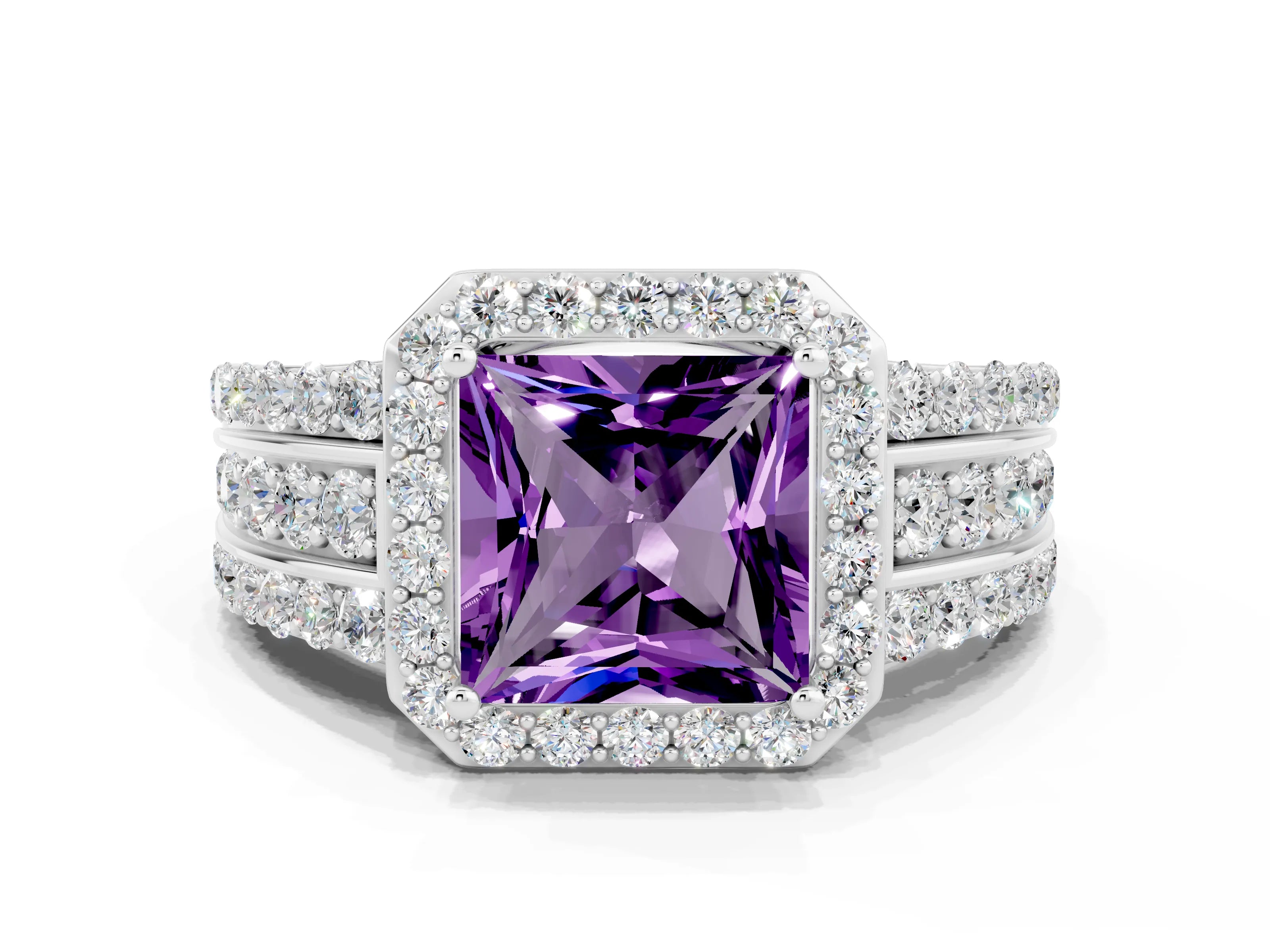 White gold Princess Cut Halo Amethyst Ring with Split Shank and Four-Prong Setting