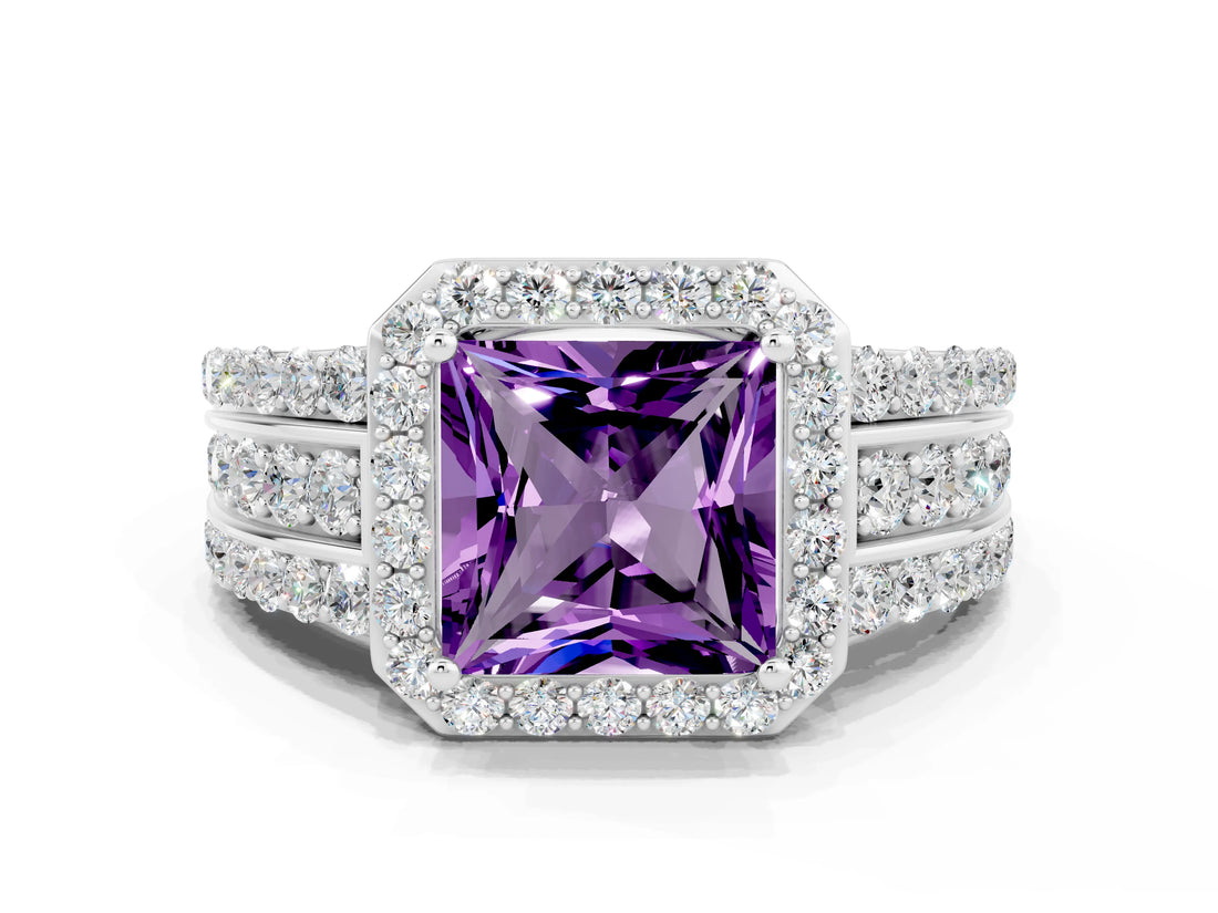 White gold Princess Cut Halo Amethyst Ring with Split Shank and Four-Prong Setting