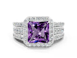 White gold Princess Cut Halo Amethyst Ring with Split Shank and Four-Prong Setting