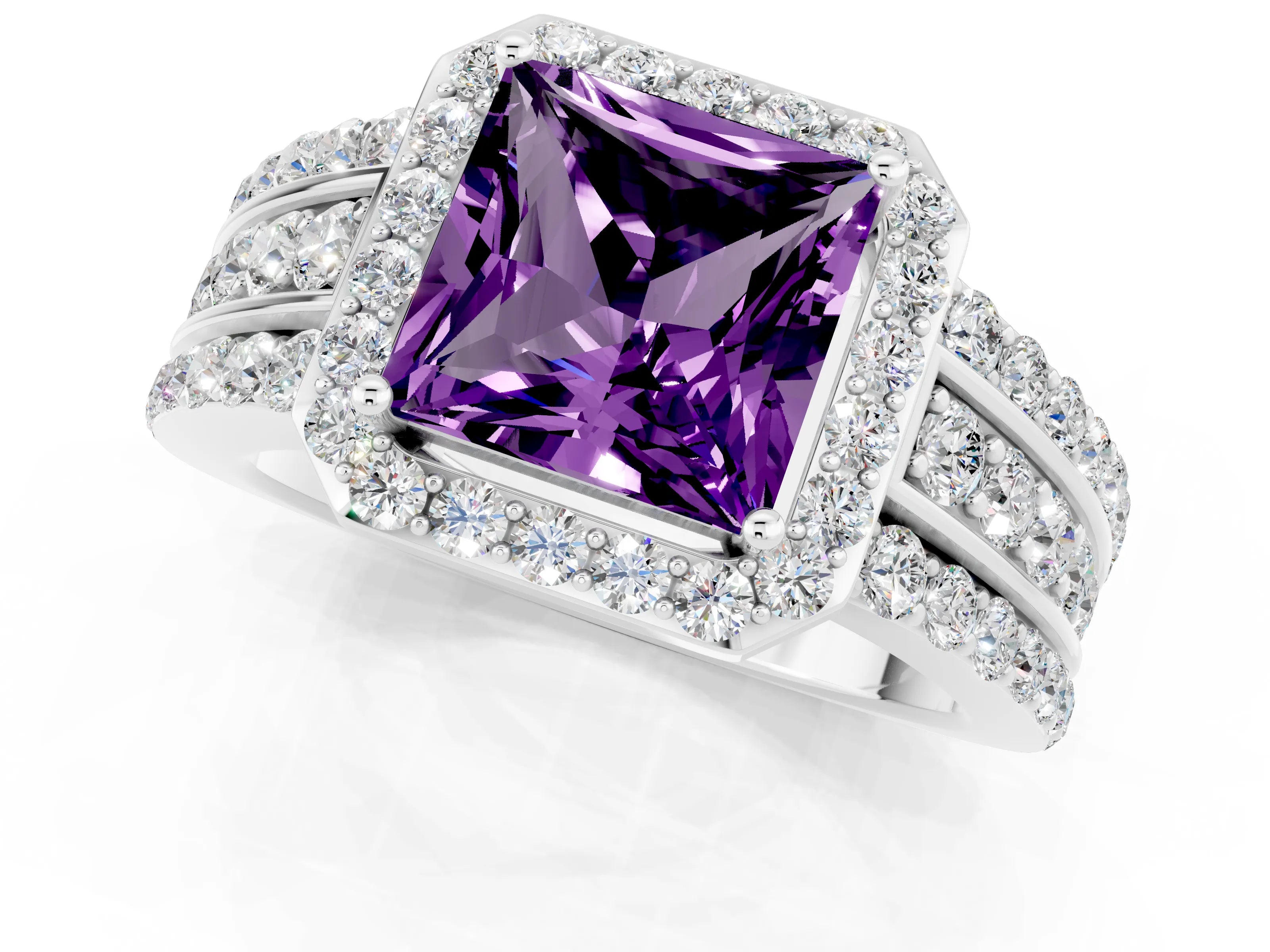 White gold Princess Cut Halo Amethyst Ring with Split Shank and Four-Prong Setting_1