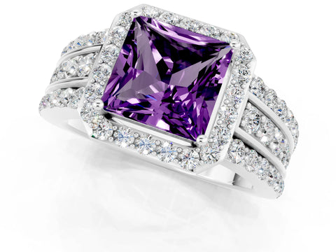 White gold Princess Cut Halo Amethyst Ring with Split Shank and Four-Prong Setting_1
