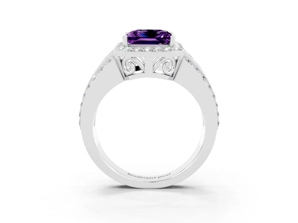 Platinum Princess Cut Halo Amethyst Ring with Round  Split Shank and Prong Setting