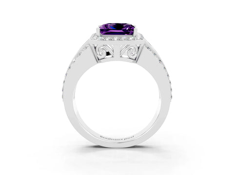 White gold Princess Cut Halo Amethyst Ring with Split Shank and Four-Prong Setting_3