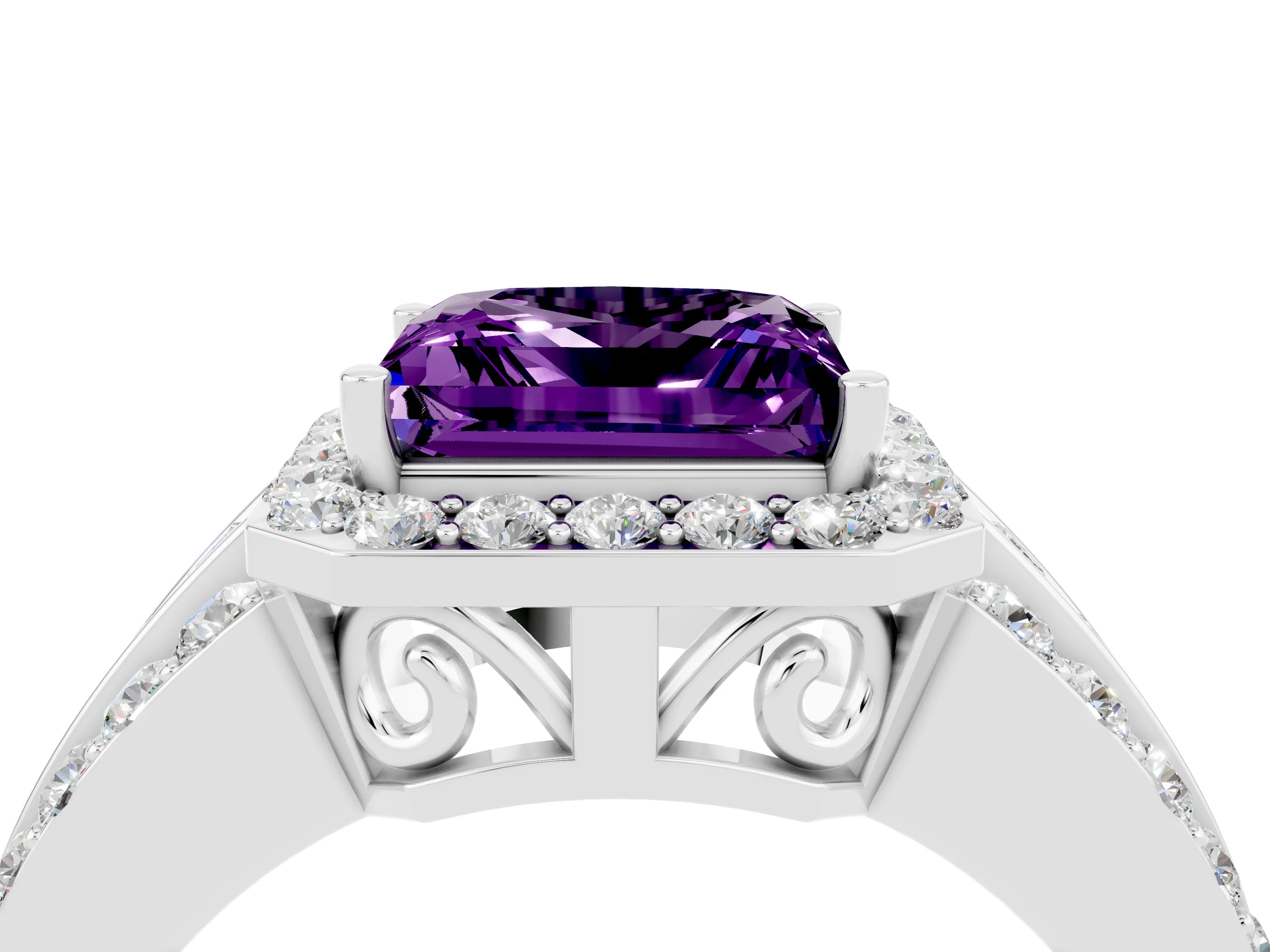 White gold Princess Cut Halo Amethyst Ring with Split Shank and Four-Prong Setting_4