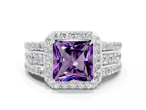 White gold Princess Cut Halo Amethyst Ring with Split Shank and Four-Prong Setting