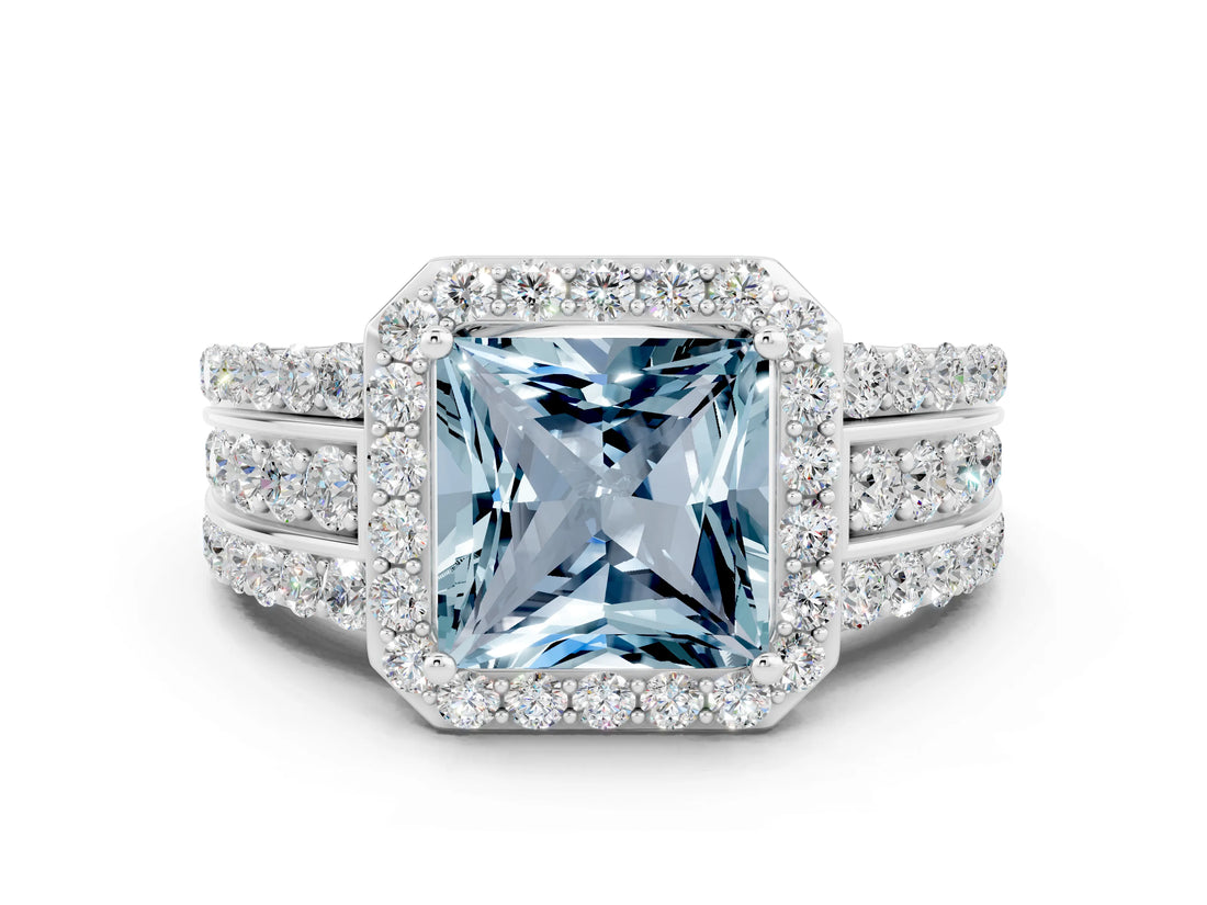 White gold Princess Cut Halo Aquamarine Ring with Split Shank and Four-Prong Setting