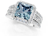 White gold Princess Cut Halo Aquamarine Ring with Split Shank and Four-Prong Setting_1