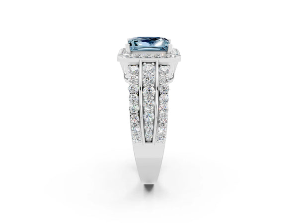 Platinum Princess Cut Halo Aquamarine Ring with Round  Split Shank and Prong Setting