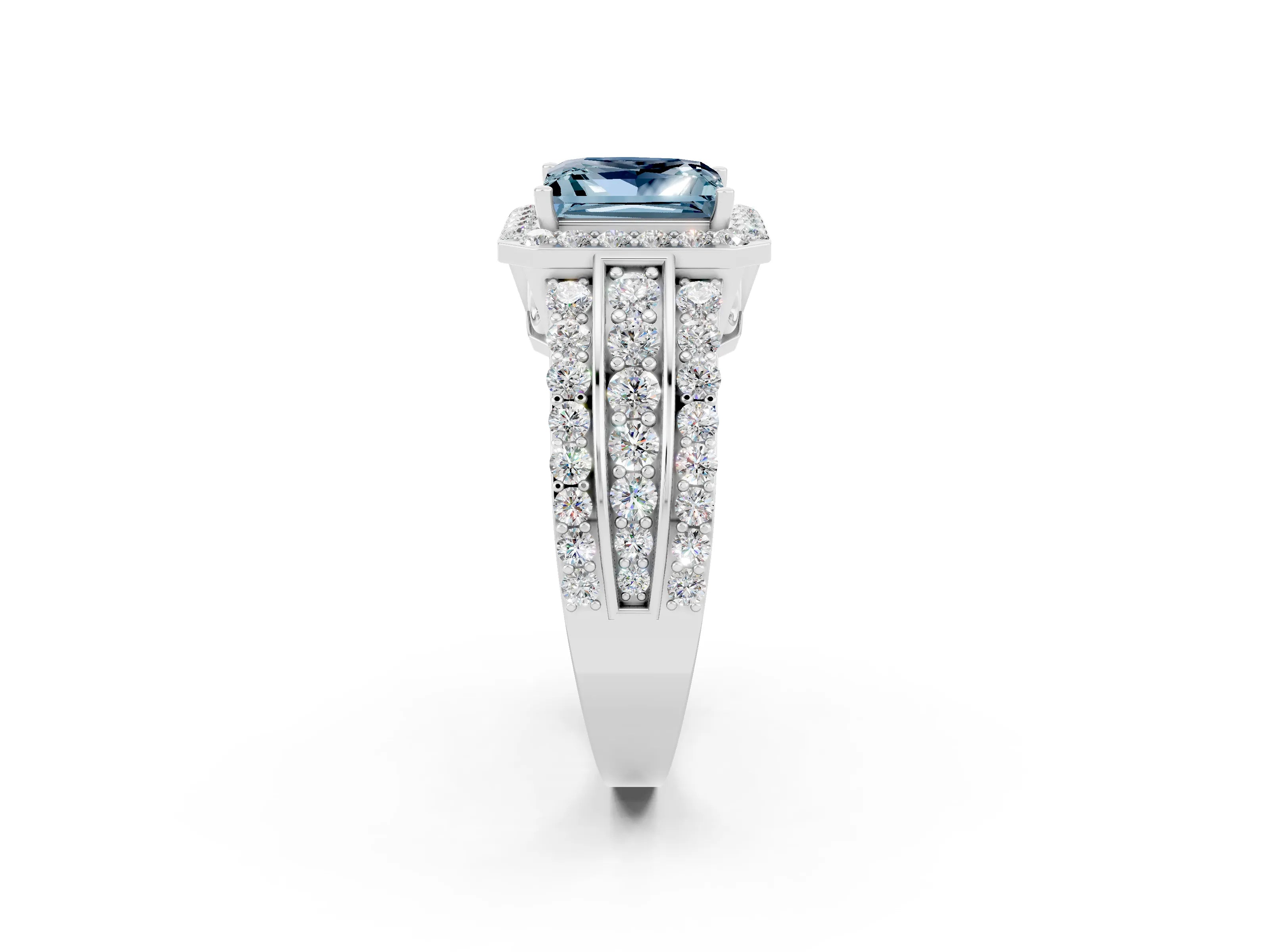 White gold Princess Cut Halo Aquamarine Ring with Split Shank and Four-Prong Setting_2