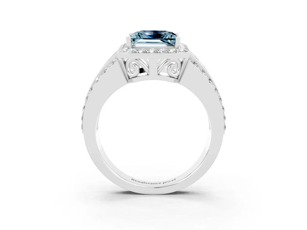 Platinum Princess Cut Halo Aquamarine Ring with Round  Split Shank and Prong Setting