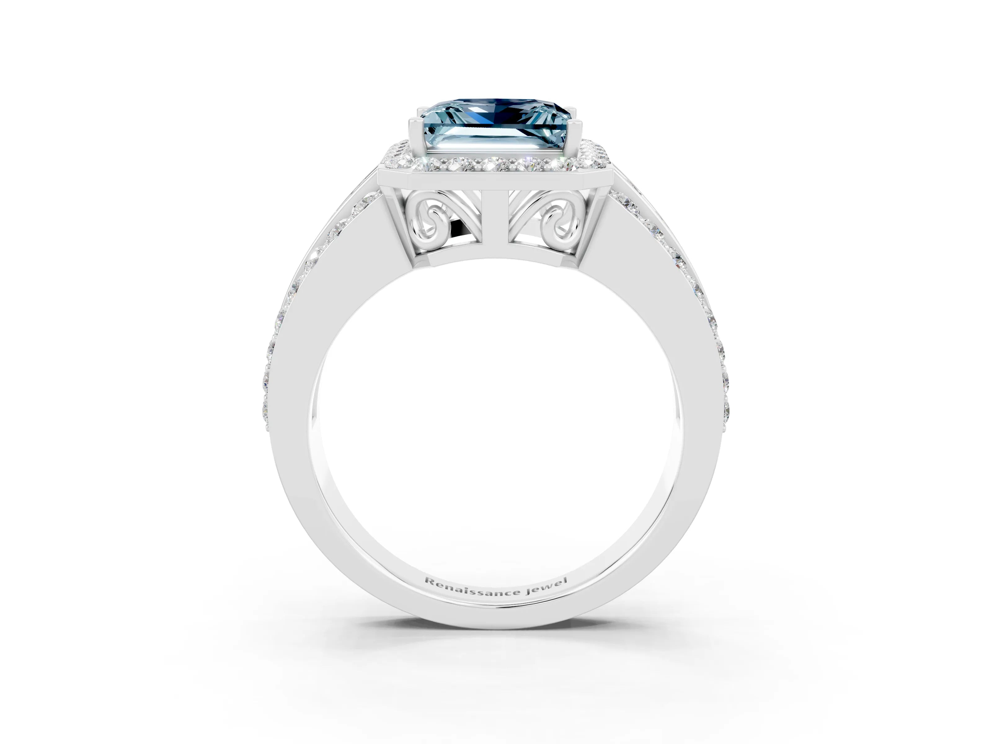 White gold Princess Cut Halo Aquamarine Ring with Split Shank and Four-Prong Setting_3