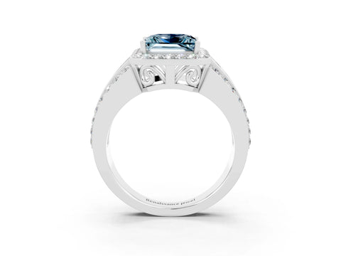 White gold Princess Cut Halo Aquamarine Ring with Split Shank and Four-Prong Setting_3