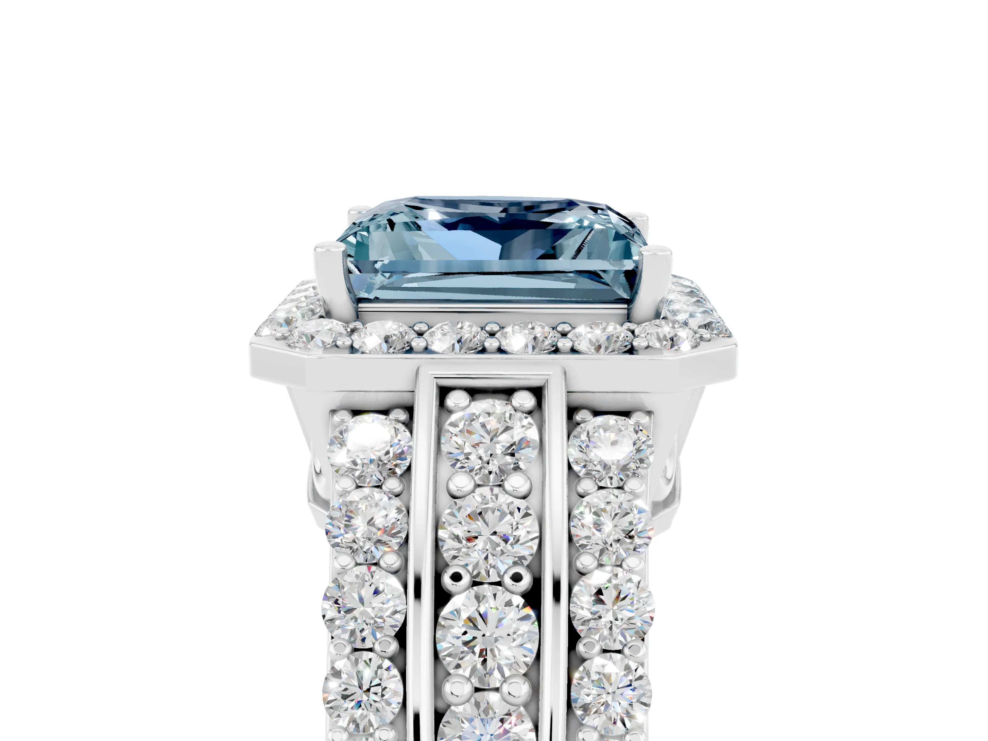 White gold Princess Cut Halo Aquamarine Ring with Split Shank and Four-Prong Setting_5