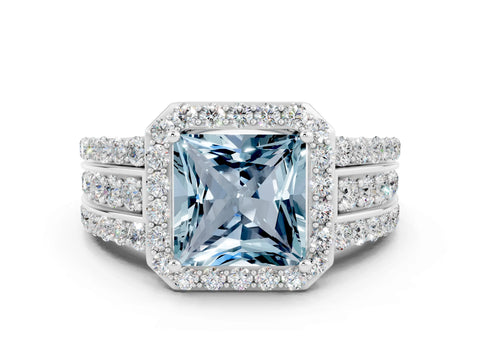 White gold Princess Cut Halo Aquamarine Ring with Split Shank and Four-Prong Setting