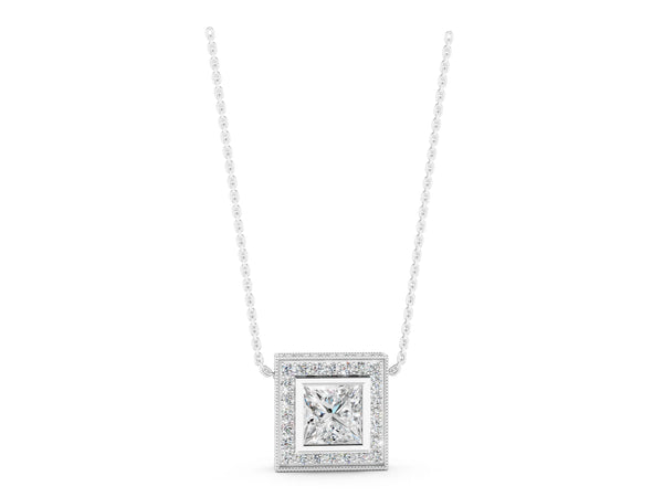 Silver Princess Cut Halo Bezel Pendant