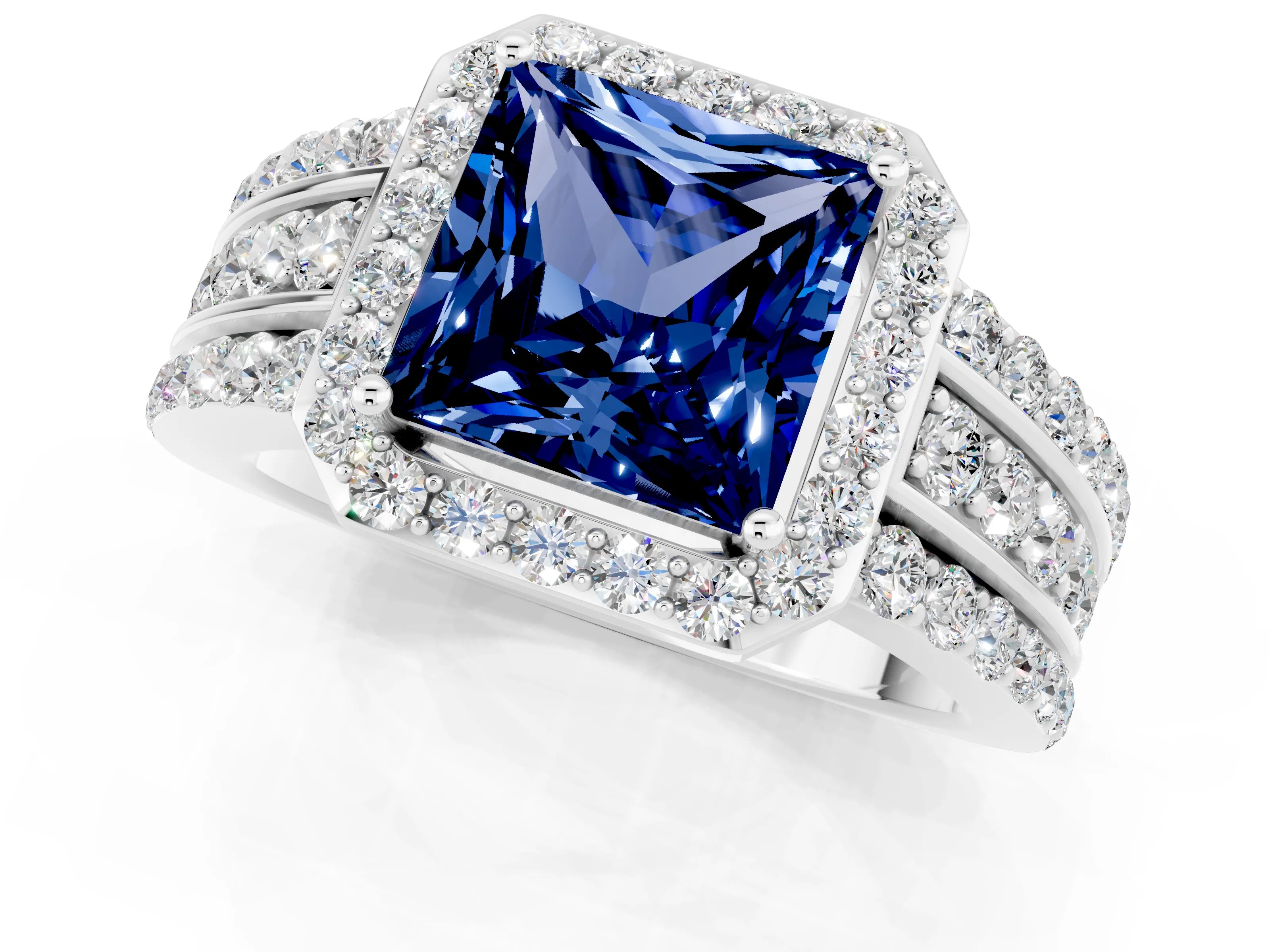 White gold Princess Cut Halo Blue Sapphire Ring with Split Shank and Four-Prong Setting_1