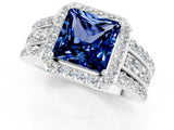 White gold Princess Cut Halo Blue Sapphire Ring with Split Shank and Four-Prong Setting_1