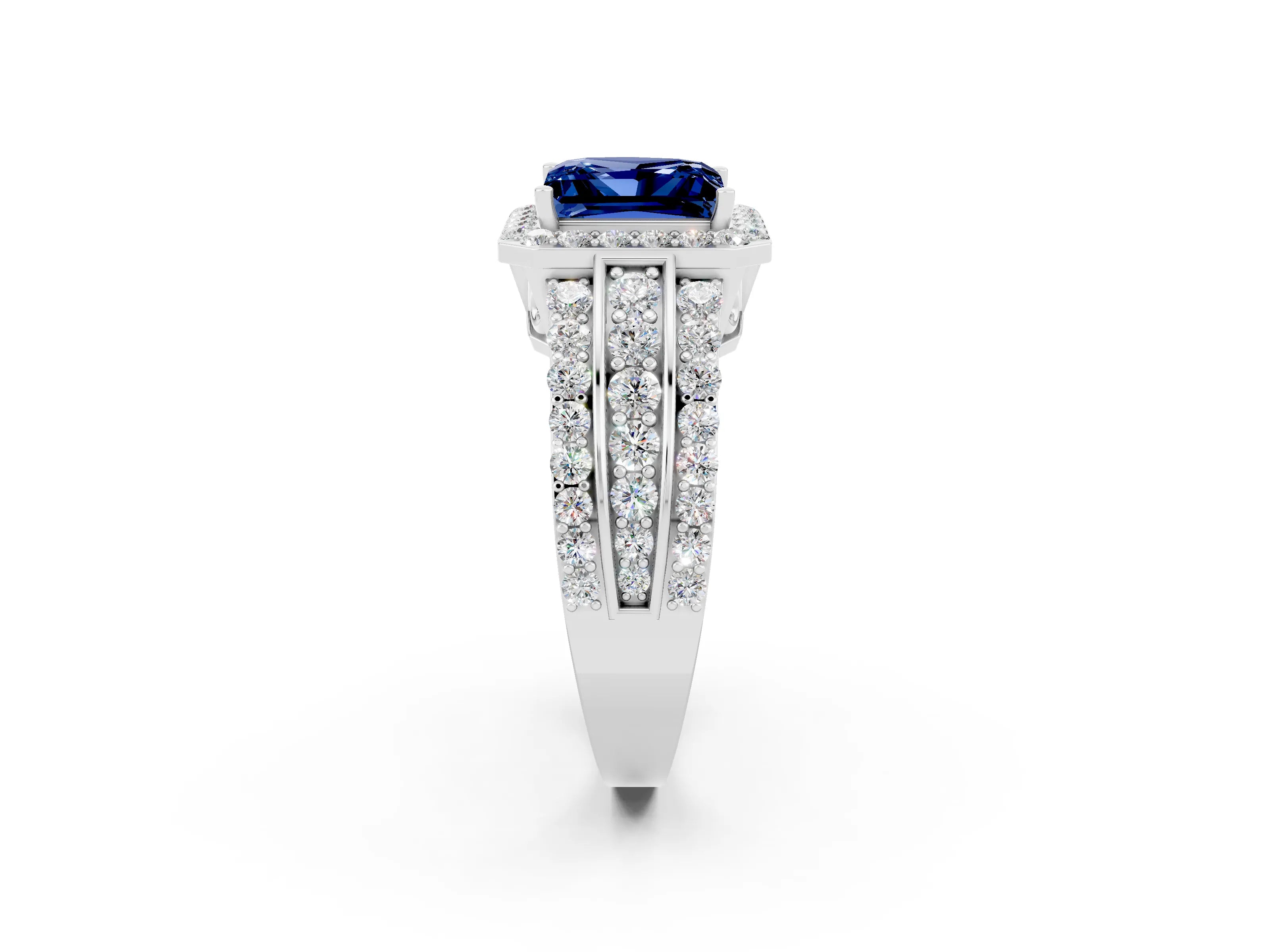 White gold Princess Cut Halo Blue Sapphire Ring with Split Shank and Four-Prong Setting_2