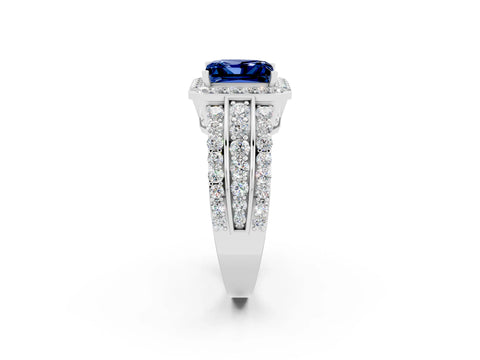 White gold Princess Cut Halo Blue Sapphire Ring with Split Shank and Four-Prong Setting_2