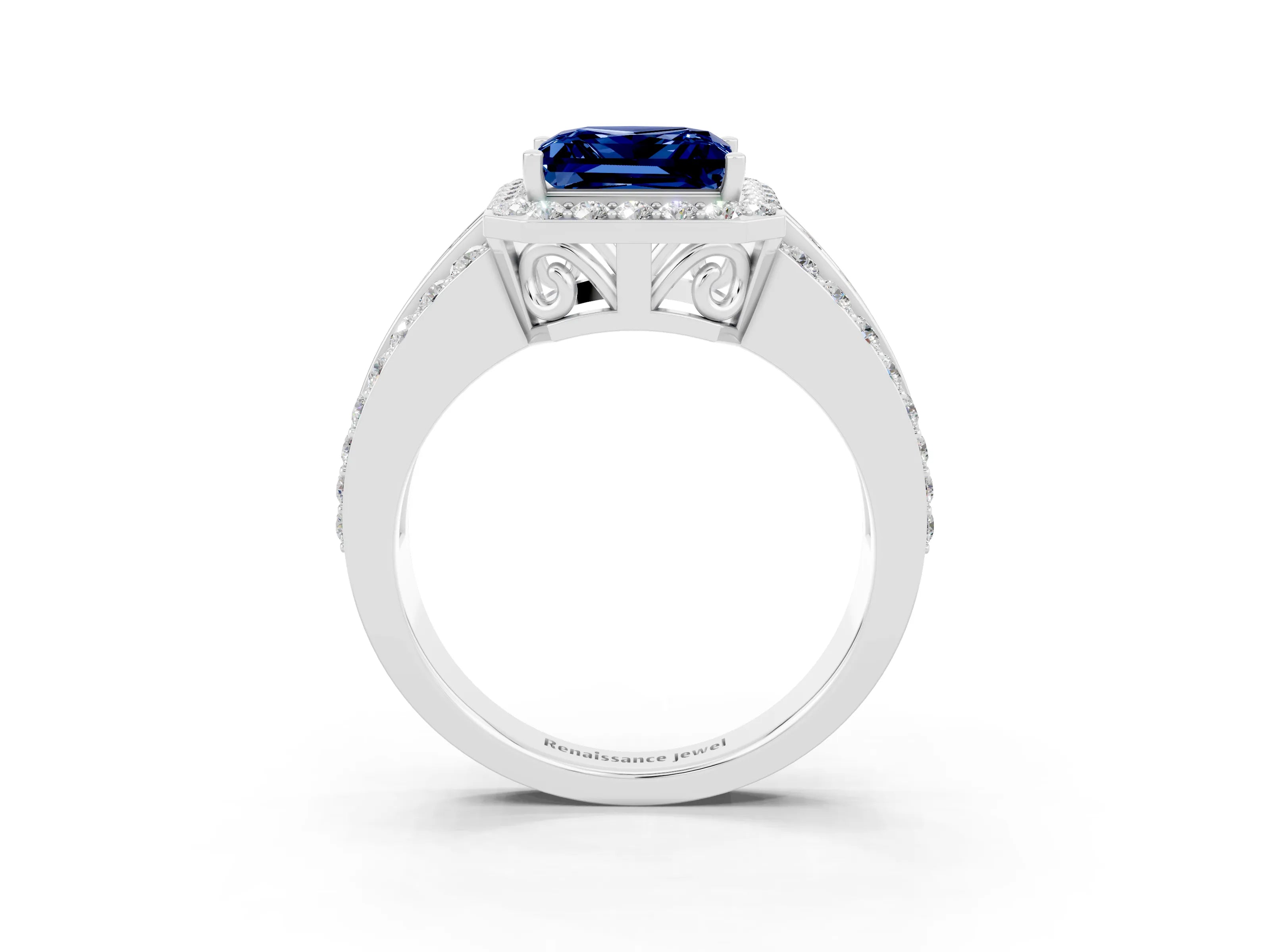 White gold Princess Cut Halo Blue Sapphire Ring with Split Shank and Four-Prong Setting_3