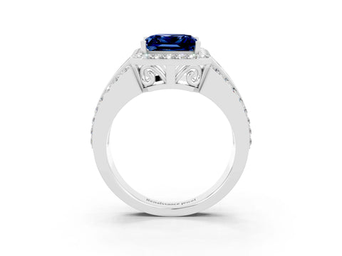 White gold Princess Cut Halo Blue Sapphire Ring with Split Shank and Four-Prong Setting_3