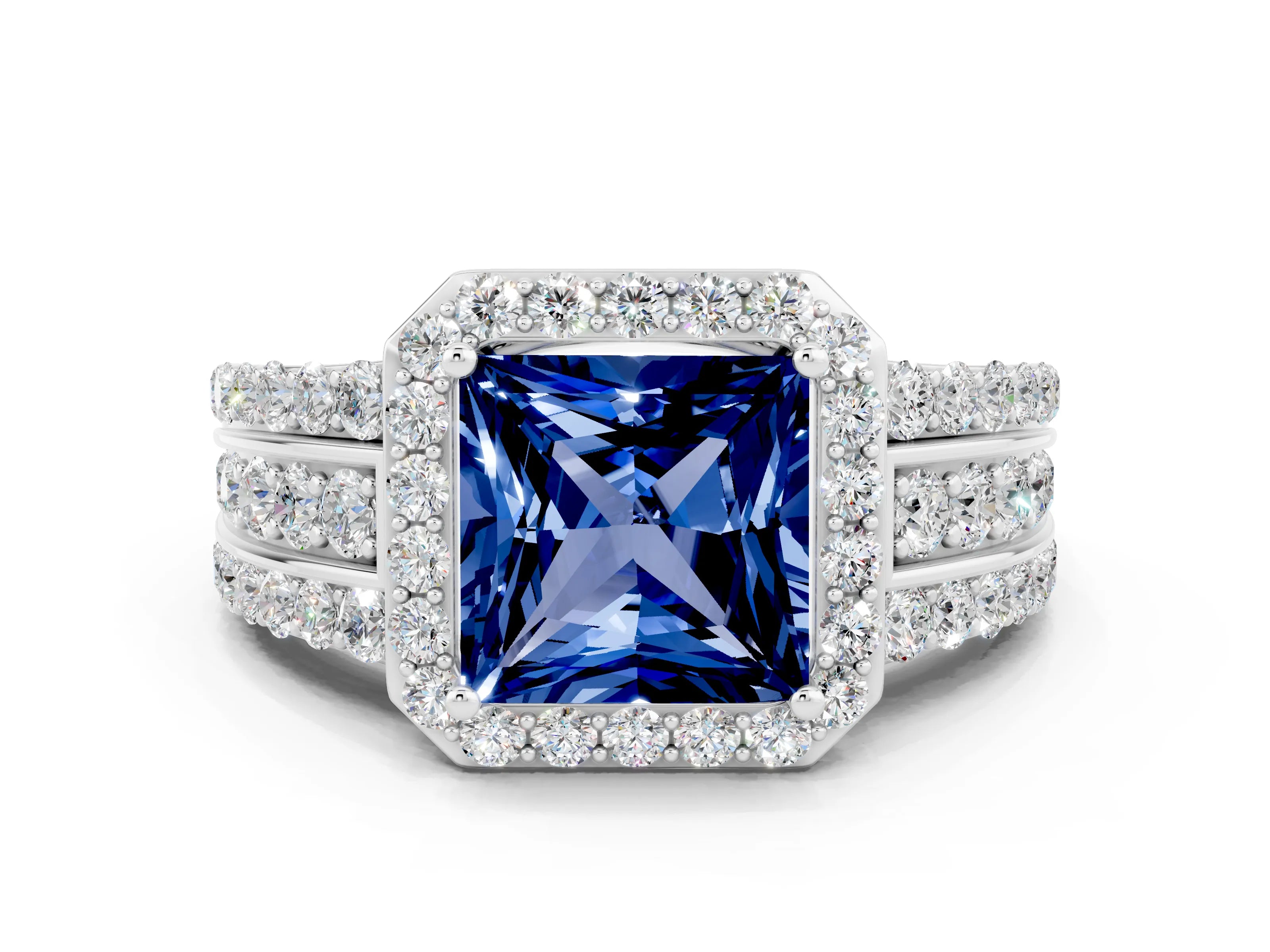 White gold Princess Cut Halo Blue Sapphire Ring with Split Shank and Four-Prong Setting