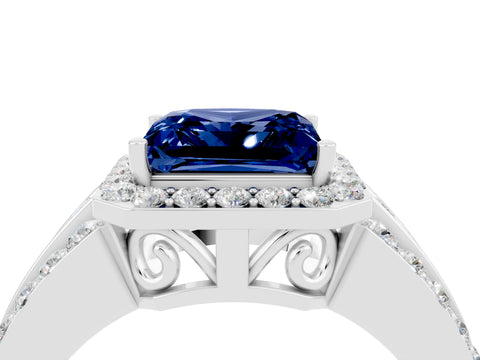 White gold Princess Cut Halo Blue Sapphire Ring with Split Shank and Four-Prong Setting_4