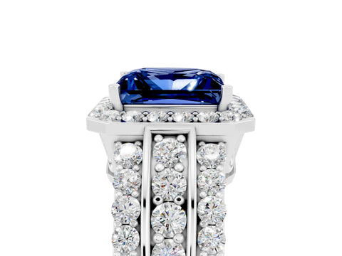 White gold Princess Cut Halo Blue Sapphire Ring with Split Shank and Four-Prong Setting_5