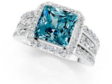 White gold Princess Cut Halo Blue Topaz Ring with Split Shank and Four-Prong Setting_1